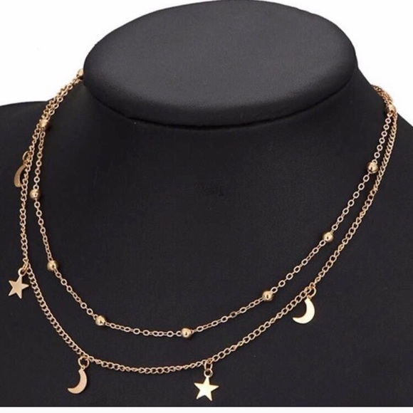Gold Star Moon Dainty Choker Layered Necklace - Picture 2 of 3